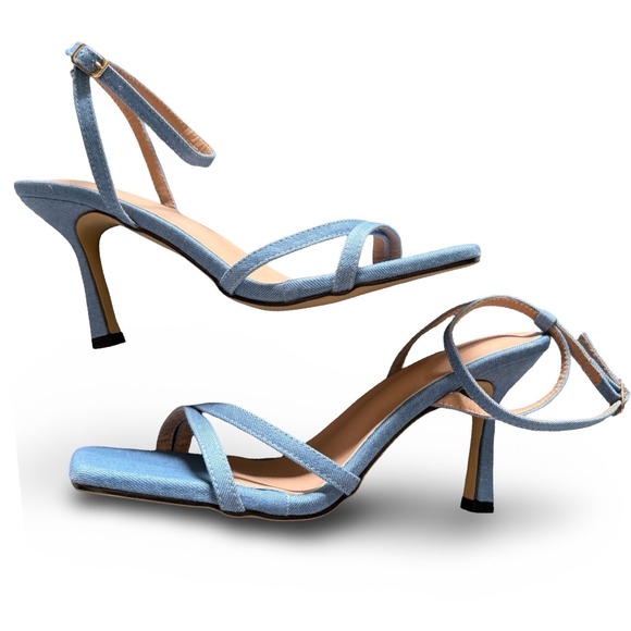 Unbranded Shoes - Light Blue Denim Strappy Square Toe Stiletto Heels Ankle Strap Sandals Sz 9 NEW